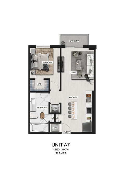 Floor plan for 1 bed, 1 bath, 750 sqft